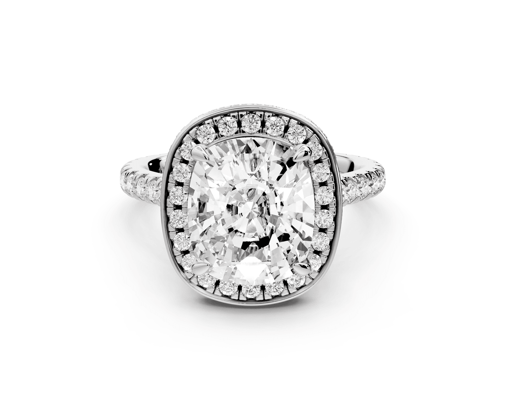 Beatrice - 4ct 14k white gold ecushion stone in rollover halo with diamond bridge and pavé engagement ring - Mr. Alex Jewelry