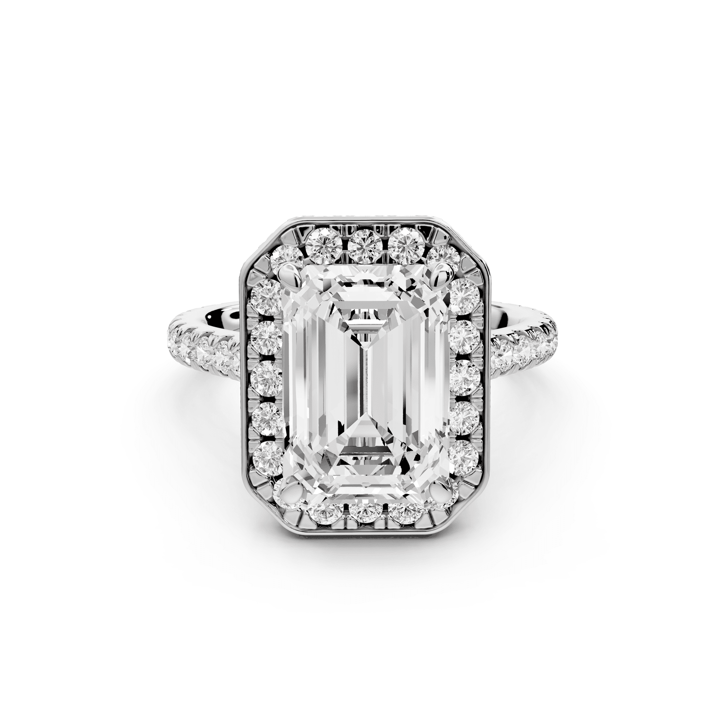 Beatrice - 4ct 14k white gold emerald stone in rollover halo with diamond bridge and pavé engagement ring - Mr. Alex Jewelry