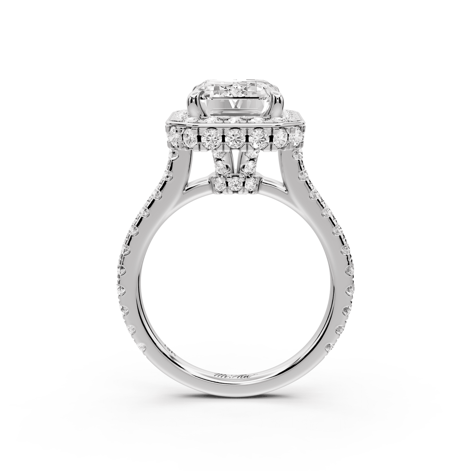 Beatrice - 4ct 14k white gold emerald stone in rollover halo with diamond bridge and pavé engagement ring - Mr. Alex Jewelry