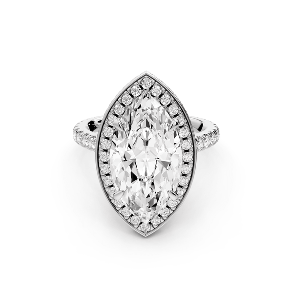 Beatrice - 4ct 14k white gold marquise stone in rollover halo with diamond bridge and pavé engagement ring - Mr. Alex Jewelry