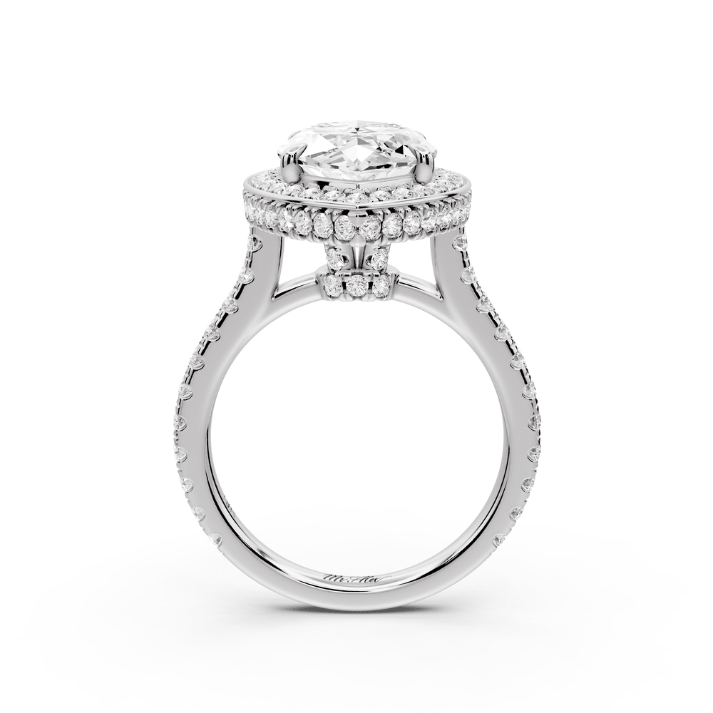 Beatrice - 4ct 14k white gold marquise stone in rollover halo with diamond bridge and pavé engagement ring - Mr. Alex Jewelry