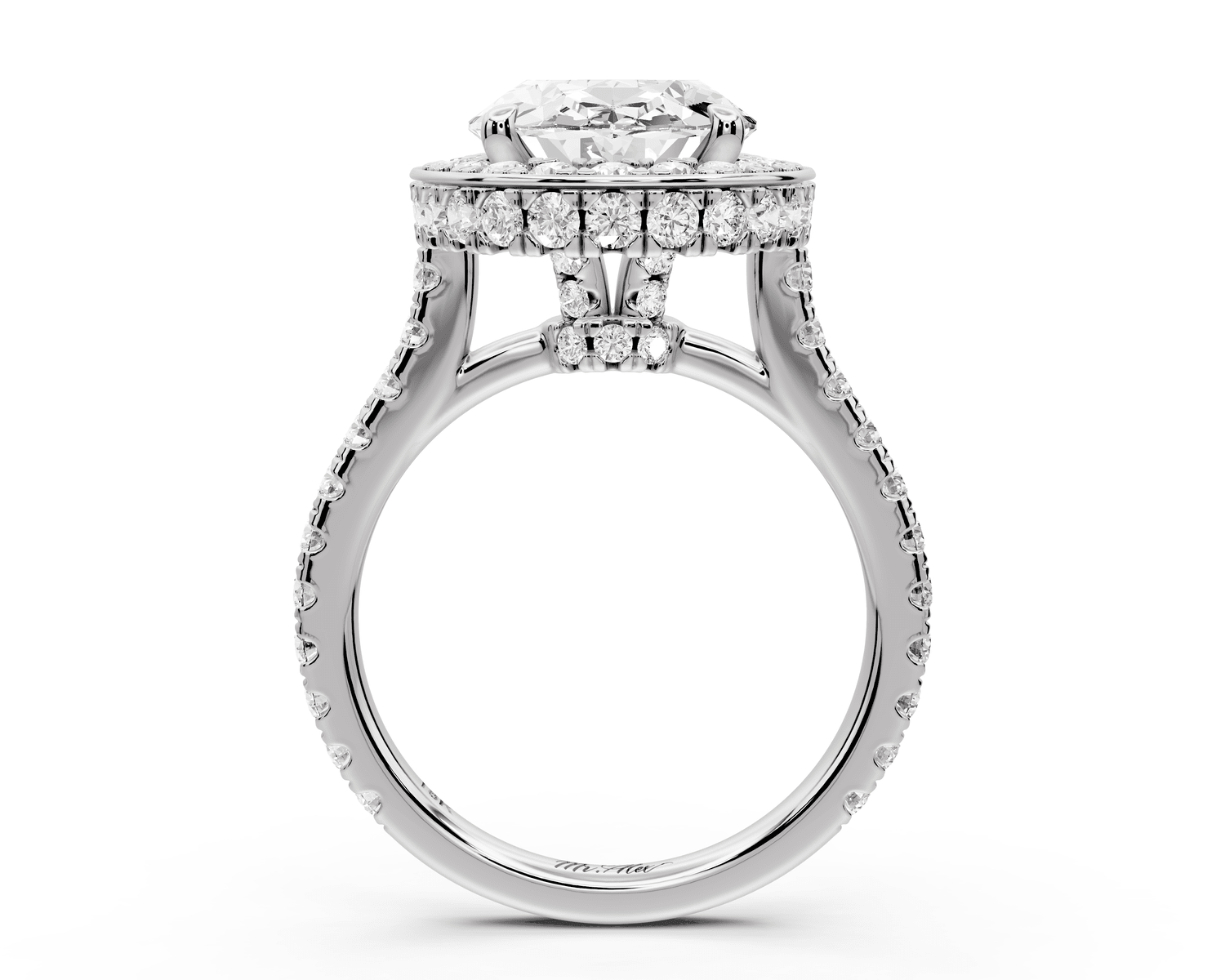 Beatrice - 4ct 14k white gold oval stone in rollover halo with diamond bridge and pavé engagement ring - Mr. Alex Jewelry