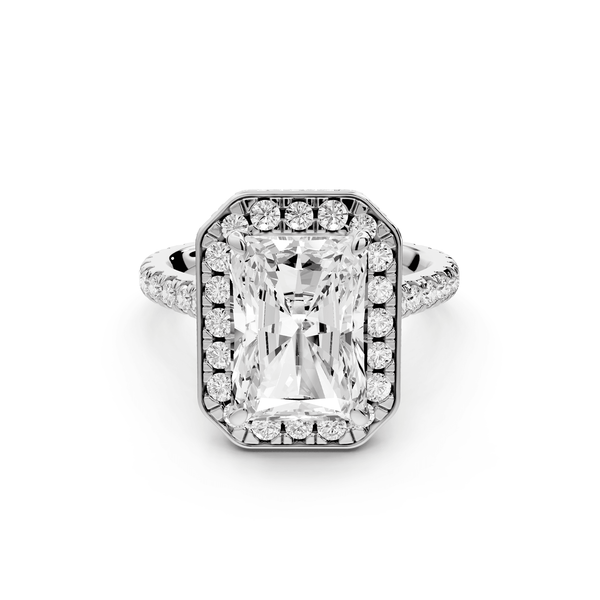 Beatrice - 4ct 14k white gold radiant stone in rollover halo with diamond bridge and pavé engagement ring - Mr. Alex Jewelry