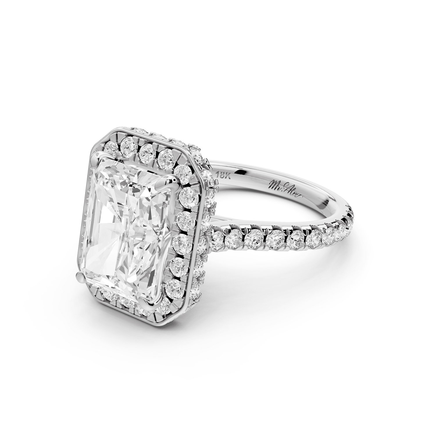 Beatrice - 4ct 14k white gold radiant stone in rollover halo with diamond bridge and pavé engagement ring - Mr. Alex Jewelry