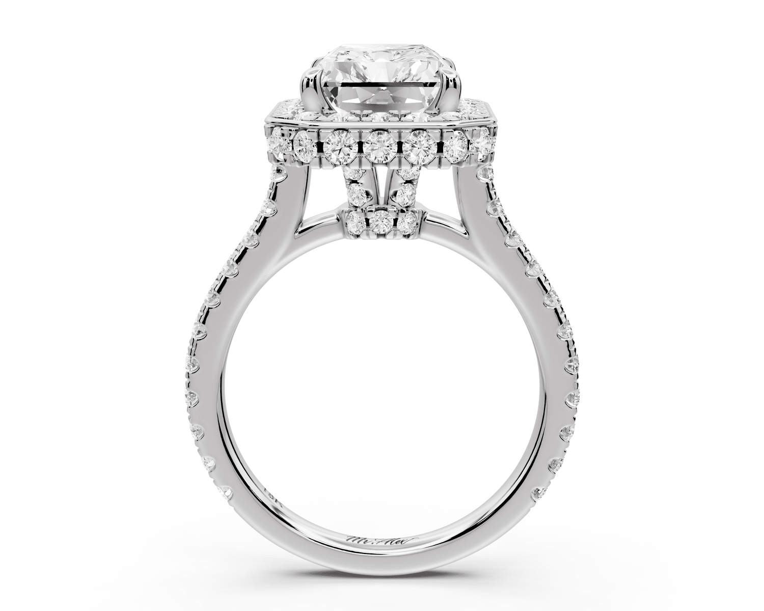 Beatrice - 4ct 14k white gold radiant stone in rollover halo with diamond bridge and pavé engagement ring - Mr. Alex Jewelry