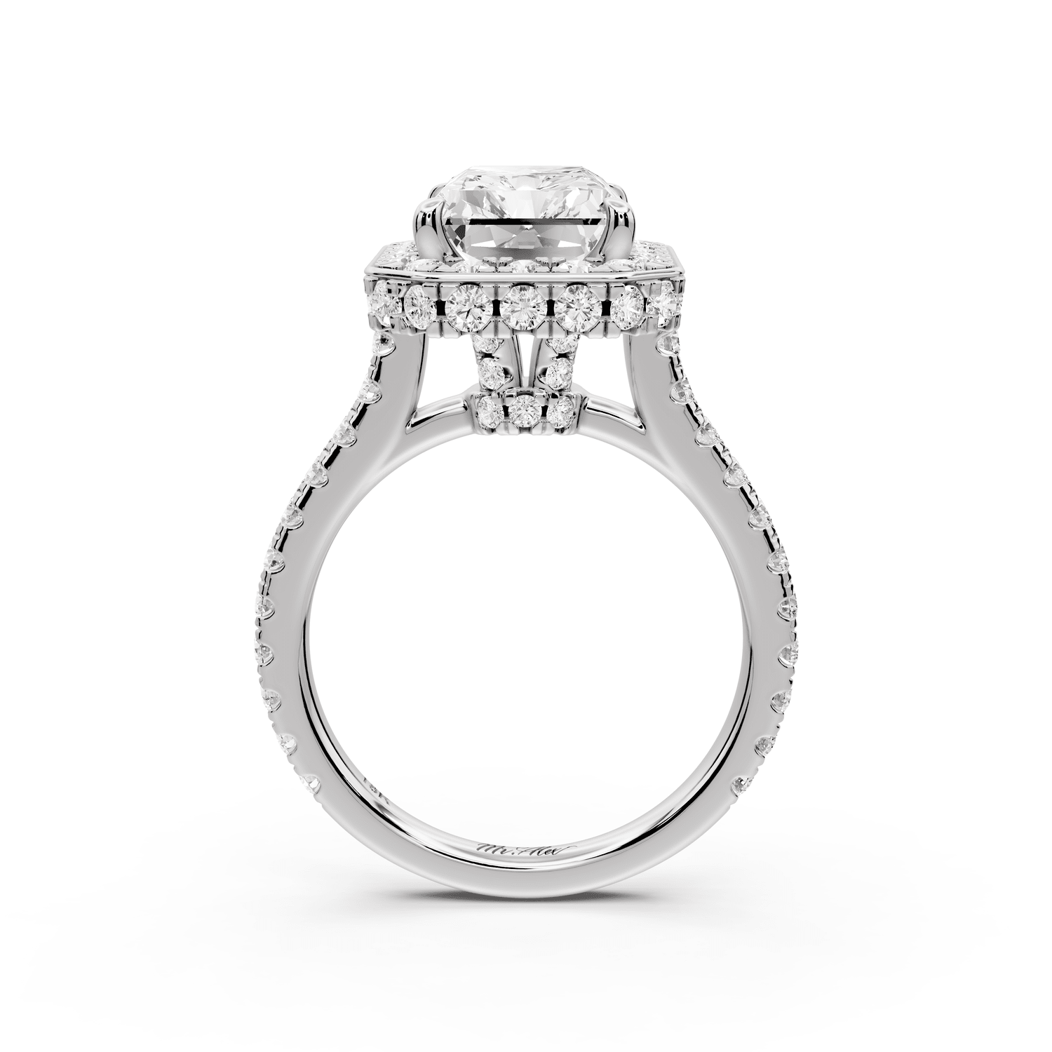Beatrice - 4ct 14k white gold radiant stone in rollover halo with diamond bridge and pavé engagement ring - Mr. Alex Jewelry