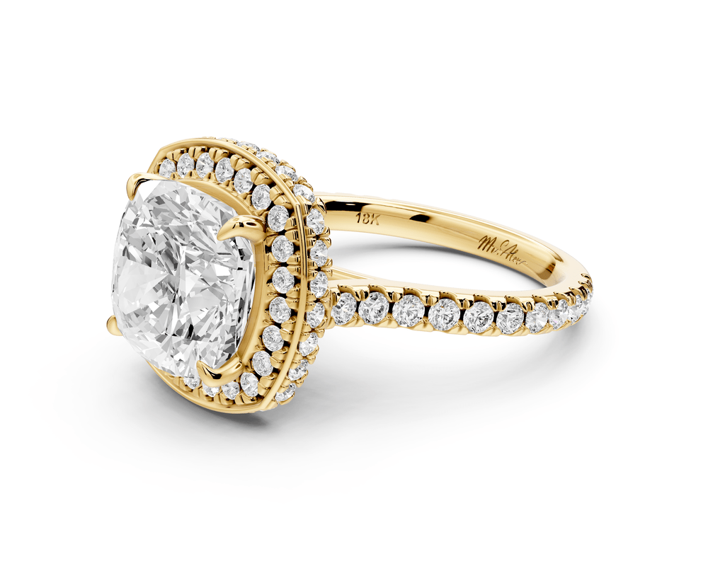 Beatrice - 4ct 14k yellow gold cushion stone in rollover halo with diamond bridge and pavé engagement ring - Mr. Alex Jewelry