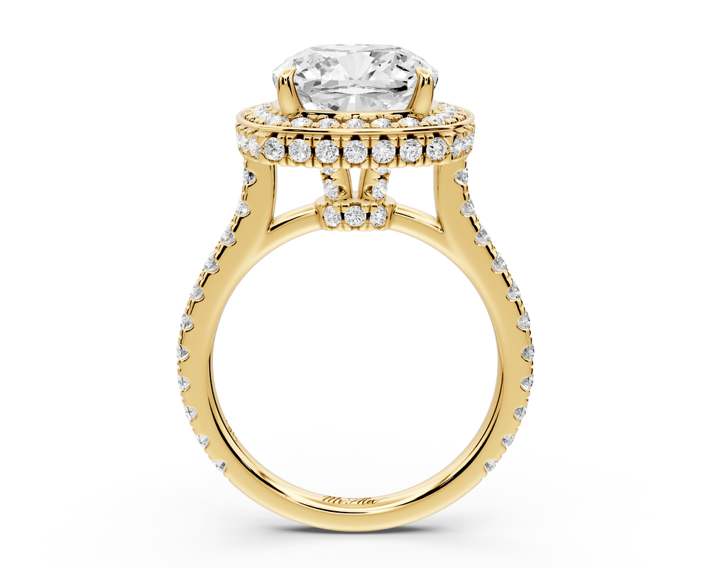 Beatrice - 4ct 14k yellow gold cushion stone in rollover halo with diamond bridge and pavé engagement ring - Mr. Alex Jewelry