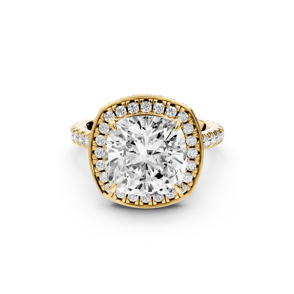 Beatrice - 4ct 14k yellow gold cushion stone in rollover halo with diamond bridge and pavé engagement ring - Mr. Alex Jewelry