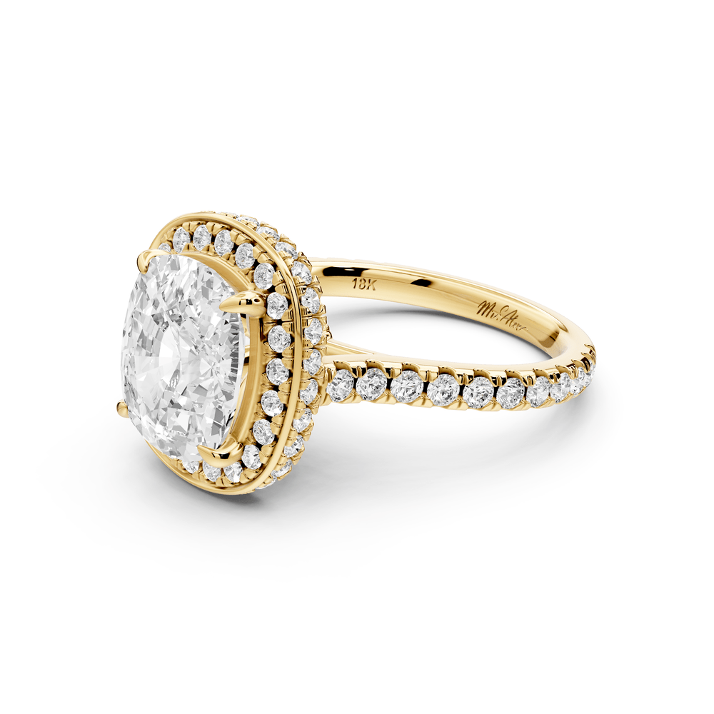 Beatrice - 4ct 14k yellow gold ecushion stone in rollover halo with diamond bridge and pavé engagement ring - Mr. Alex Jewelry