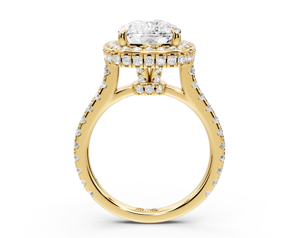 Beatrice - 4ct 14k yellow gold ecushion stone in rollover halo with diamond bridge and pavé engagement ring - Mr. Alex Jewelry
