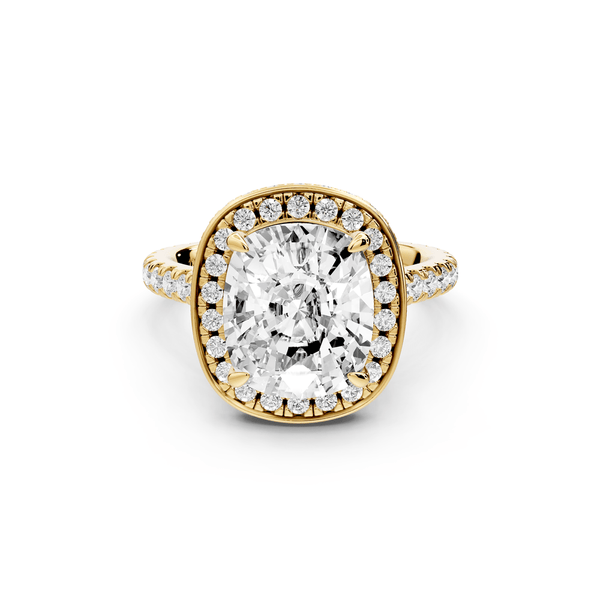 Beatrice - 4ct 14k yellow gold ecushion stone in rollover halo with diamond bridge and pavé engagement ring - Mr. Alex Jewelry