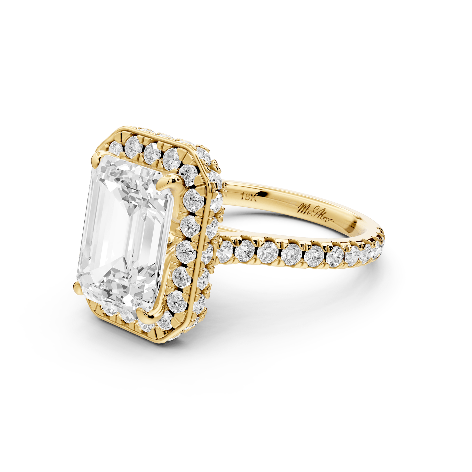 Beatrice - 4ct 14k yellow gold emerald stone in rollover halo with diamond bridge and pavé engagement ring - Mr. Alex Jewelry
