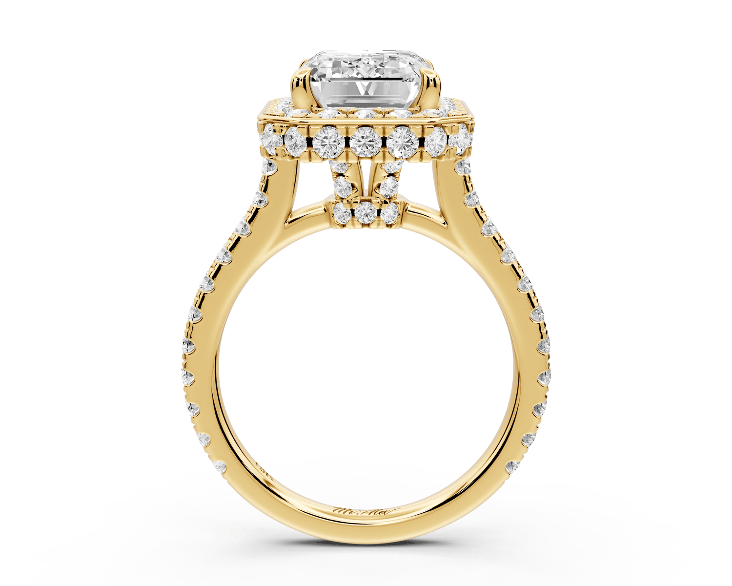 Beatrice - 4ct 14k yellow gold emerald stone in rollover halo with diamond bridge and pavé engagement ring - Mr. Alex Jewelry