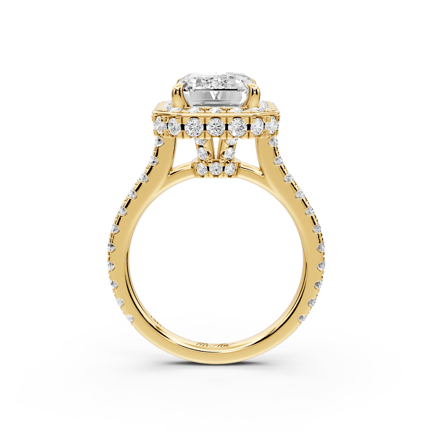 Beatrice - 4ct 14k yellow gold emerald stone in rollover halo with diamond bridge and pavé engagement ring - Mr. Alex Jewelry