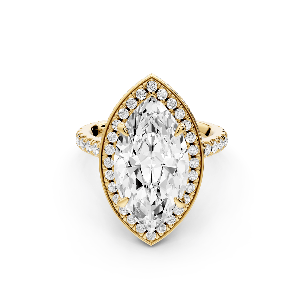 Beatrice - 4ct 14k yellow gold marquise stone in rollover halo with diamond bridge and pavé engagement ring - Mr. Alex Jewelry