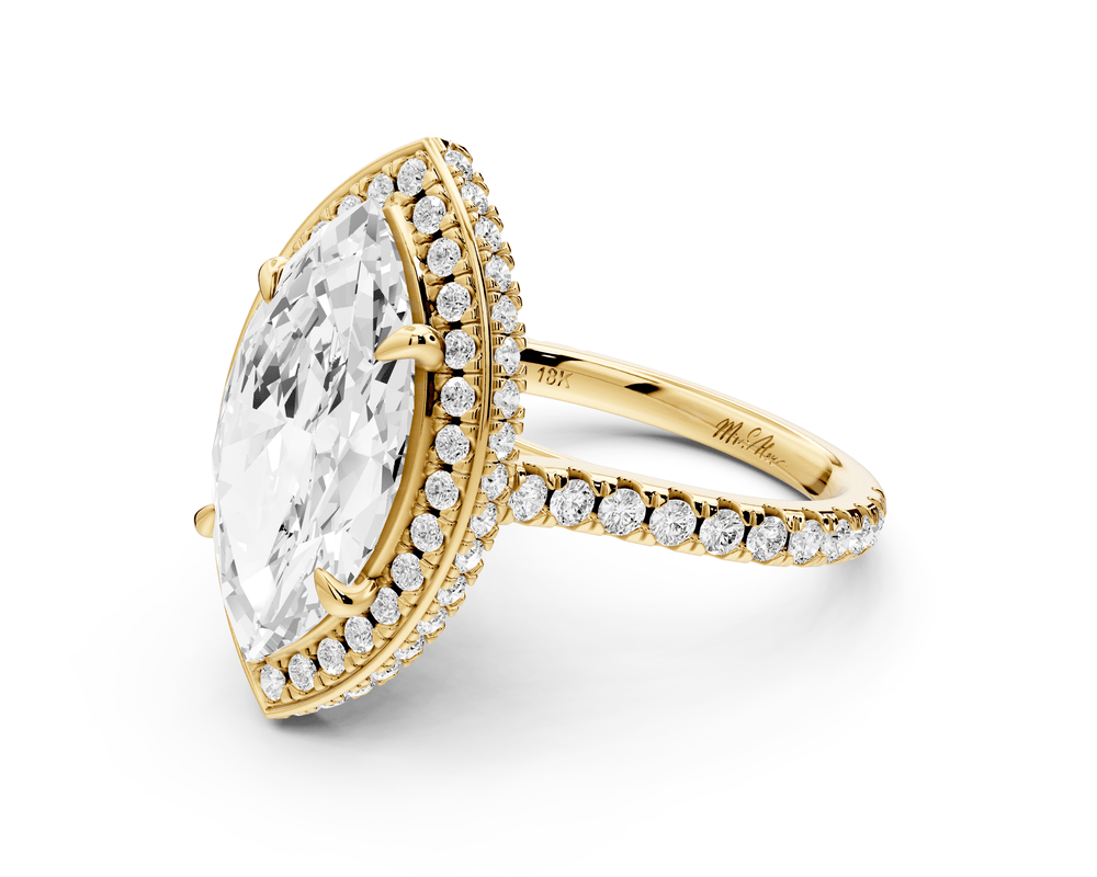 Beatrice - 4ct 14k yellow gold marquise stone in rollover halo with diamond bridge and pavé engagement ring - Mr. Alex Jewelry