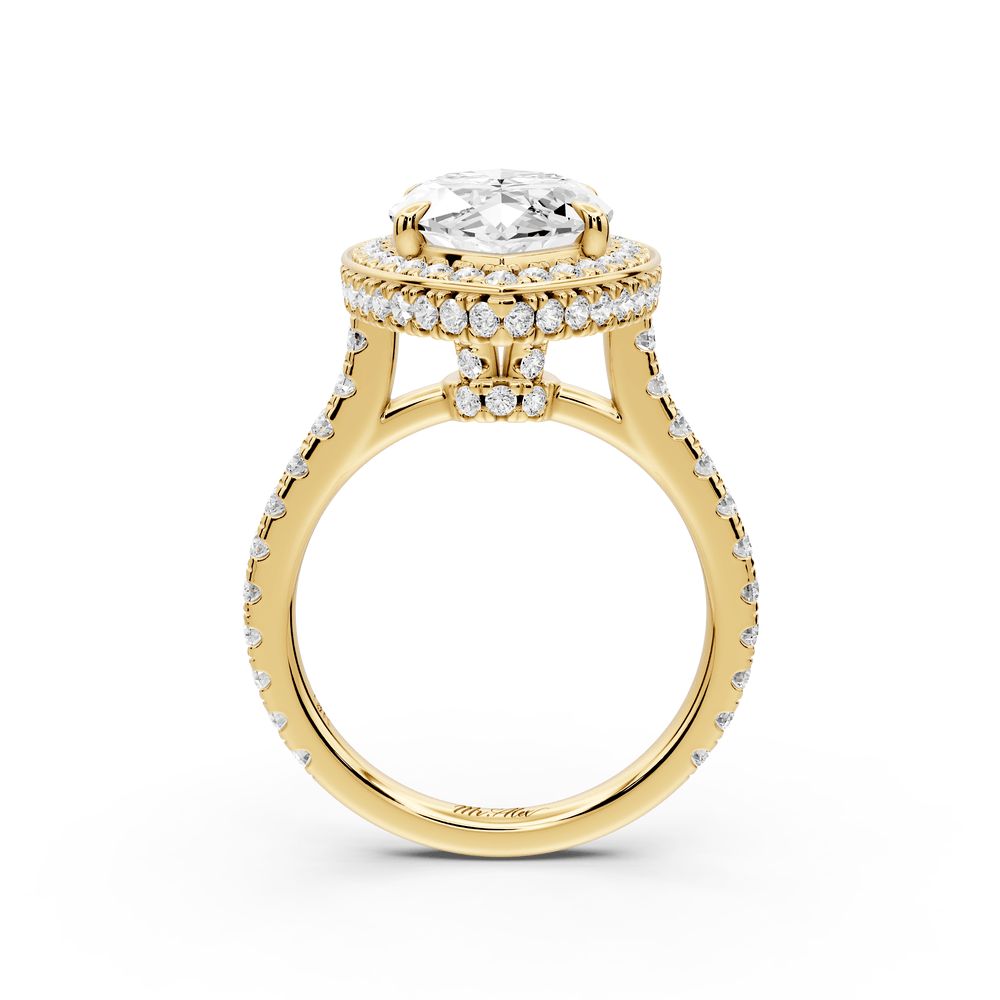 Beatrice - 4ct 14k yellow gold marquise stone in rollover halo with diamond bridge and pavé engagement ring - Mr. Alex Jewelry