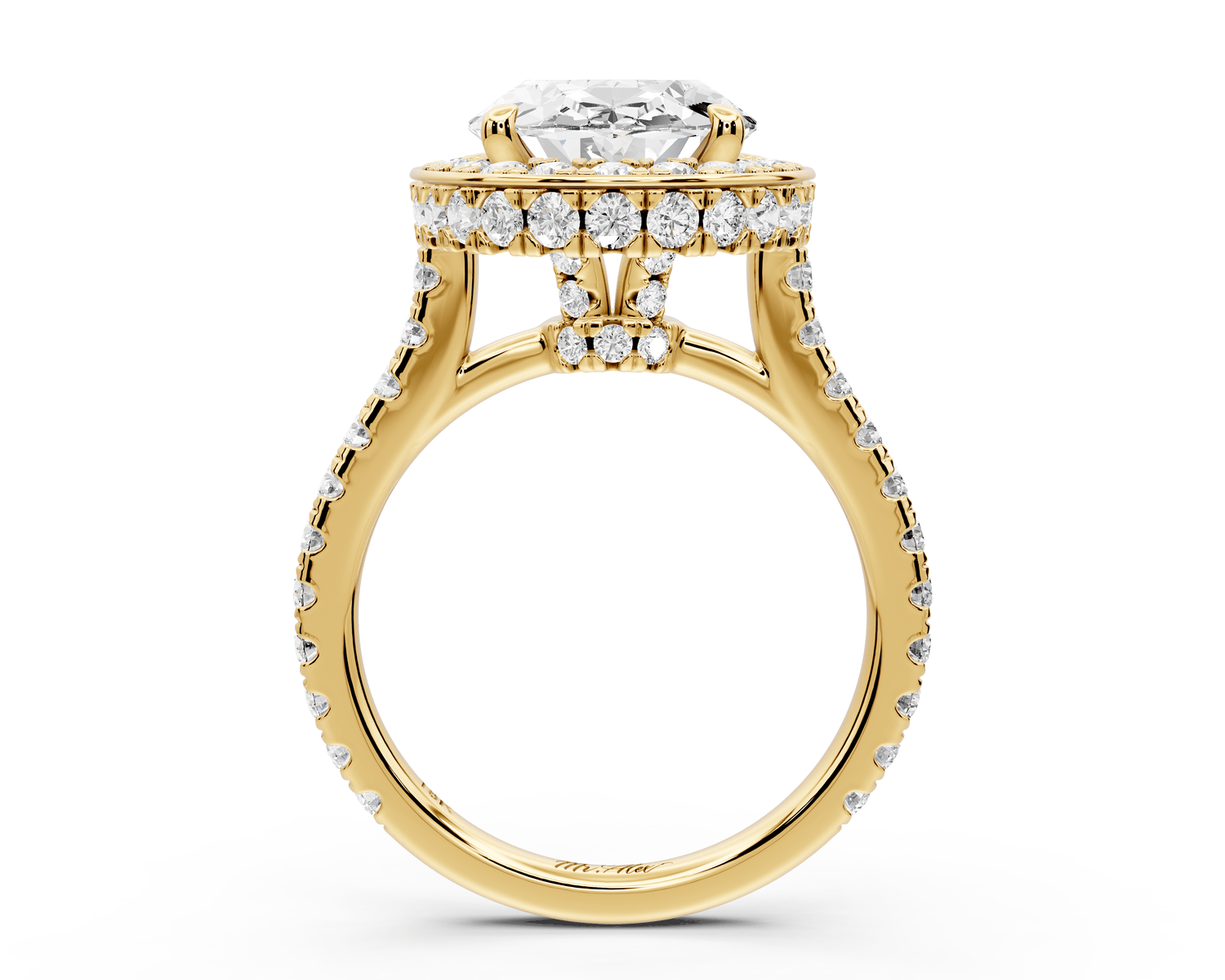 Beatrice - 4ct 14k yellow gold oval stone in rollover halo with diamond bridge and pavé engagement ring - Mr. Alex Jewelry