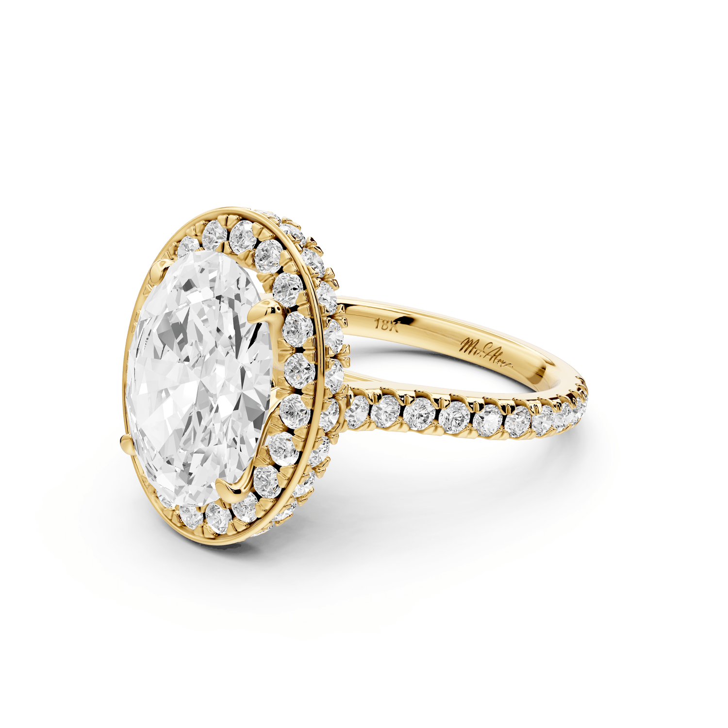Beatrice - 4ct 14k yellow gold oval stone in rollover halo with diamond bridge and pavé engagement ring - Mr. Alex Jewelry