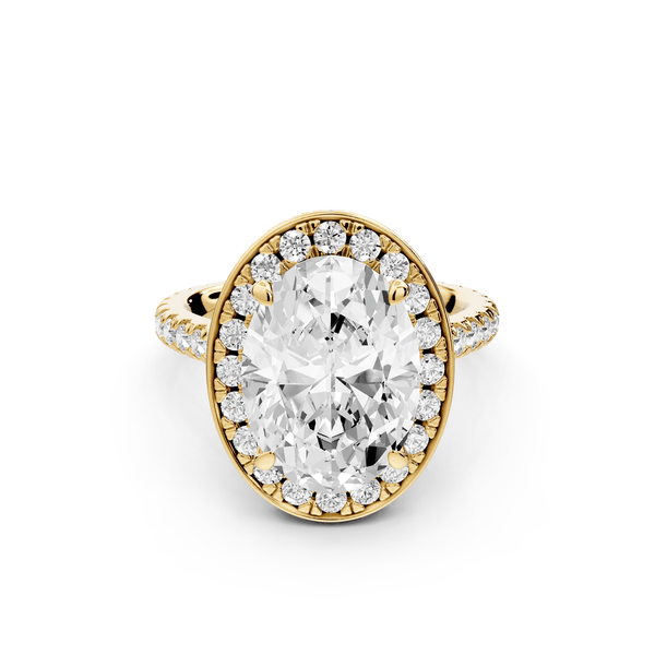 Beatrice - 4ct 14k yellow gold oval stone in rollover halo with diamond bridge and pavé engagement ring - Mr. Alex Jewelry