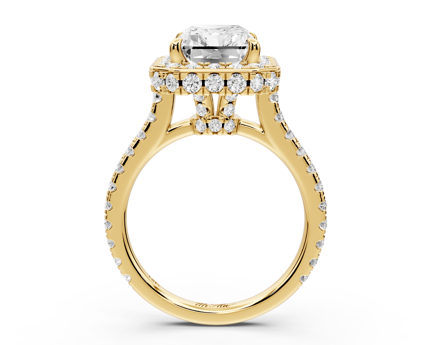 Beatrice - 4ct 14k yellow gold radiant stone in rollover halo with diamond bridge and pavé engagement ring - Mr. Alex Jewelry