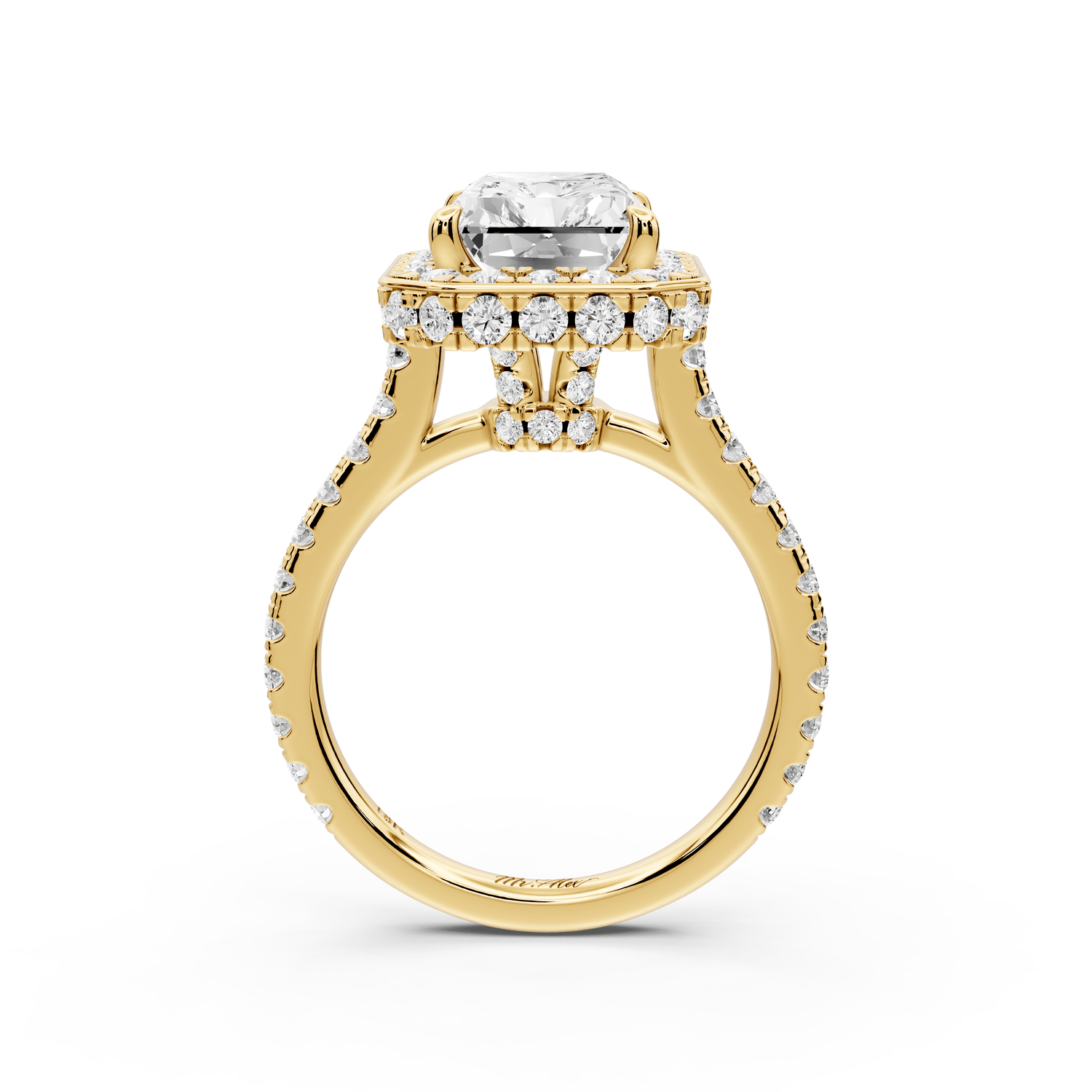 Beatrice - 4ct 14k yellow gold radiant stone in rollover halo with diamond bridge and pavé engagement ring - Mr. Alex Jewelry