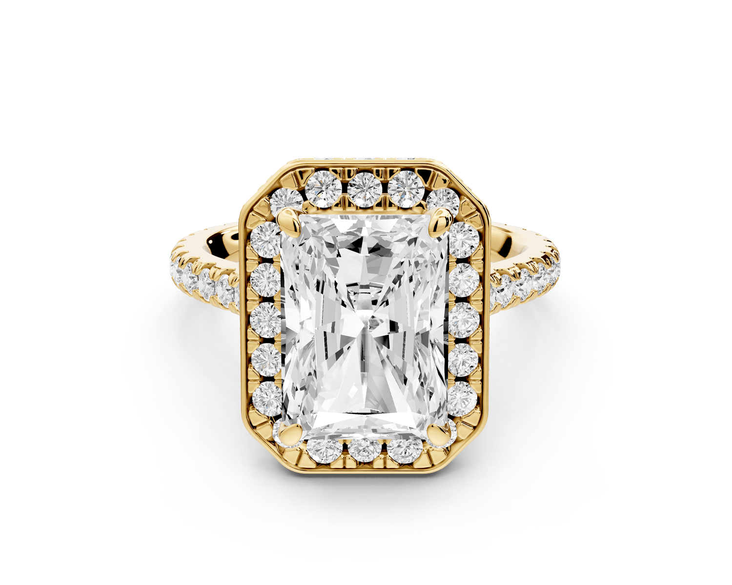 Beatrice - 4ct 14k yellow gold radiant stone in rollover halo with diamond bridge and pavé engagement ring - Mr. Alex Jewelry