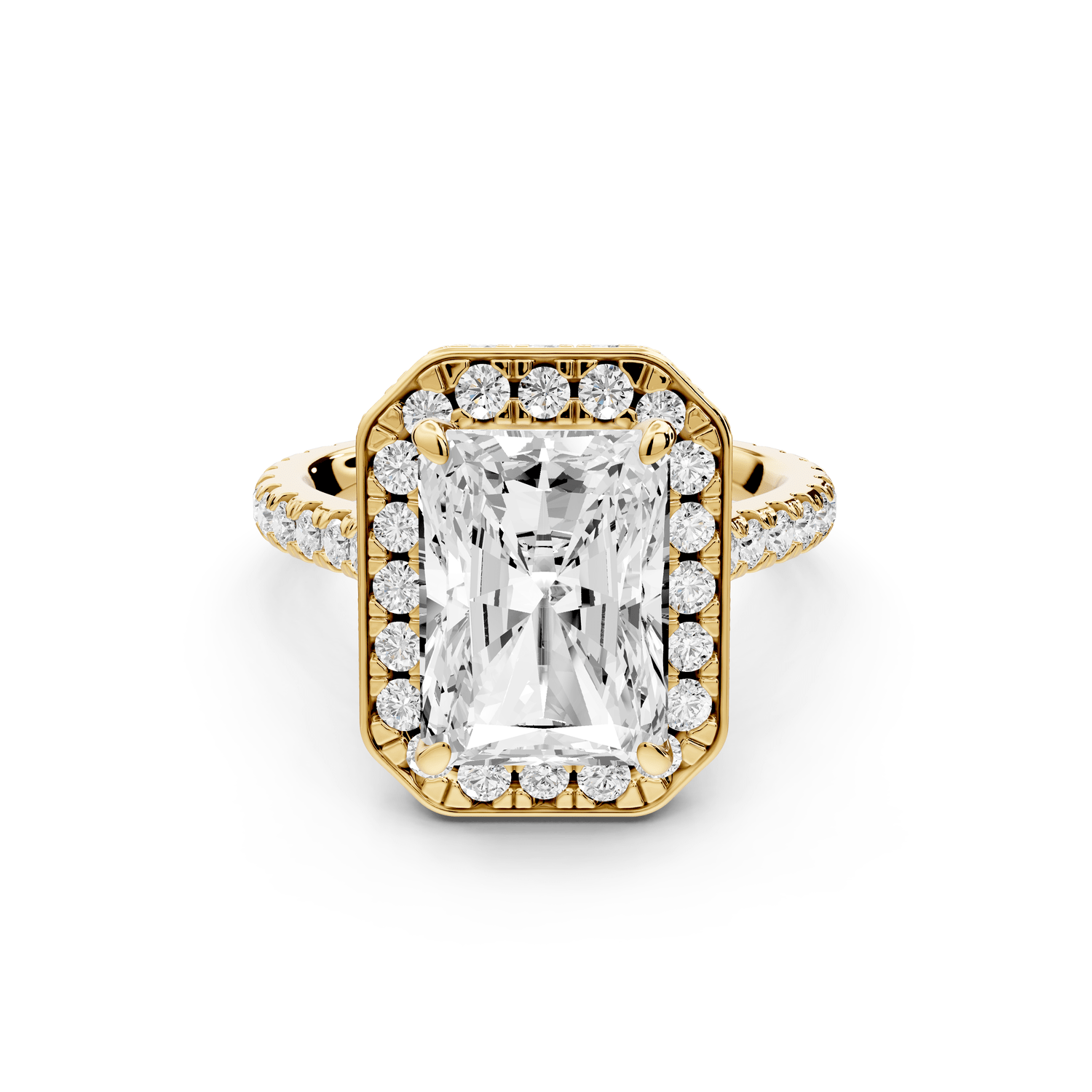 Beatrice - 4ct 14k yellow gold radiant stone in rollover halo with diamond bridge and pavé engagement ring - Mr. Alex Jewelry