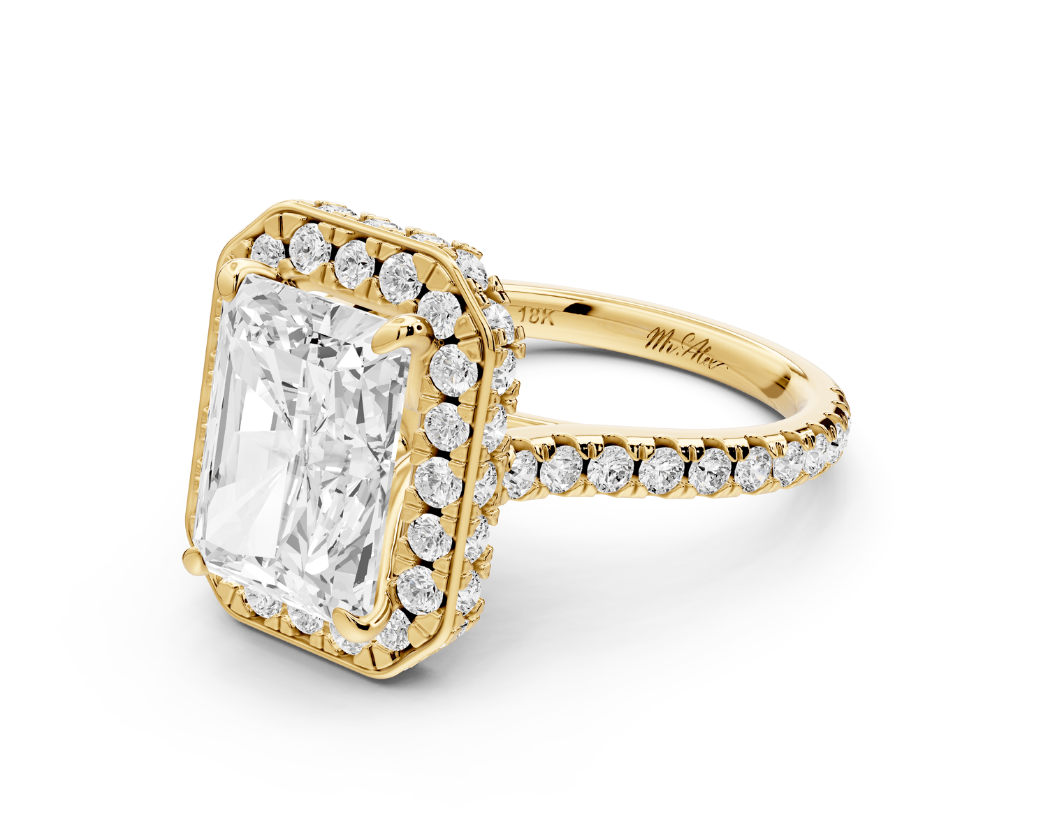 Beatrice - 4ct 14k yellow gold radiant stone in rollover halo with diamond bridge and pavé engagement ring - Mr. Alex Jewelry