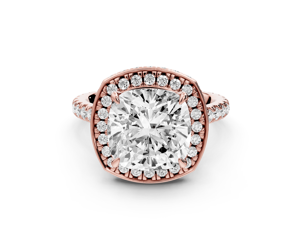 Beatrice - 4ct 18k rose gold cushion stone in rollover halo with diamond bridge and pavé engagement ring - Mr. Alex Jewelry
