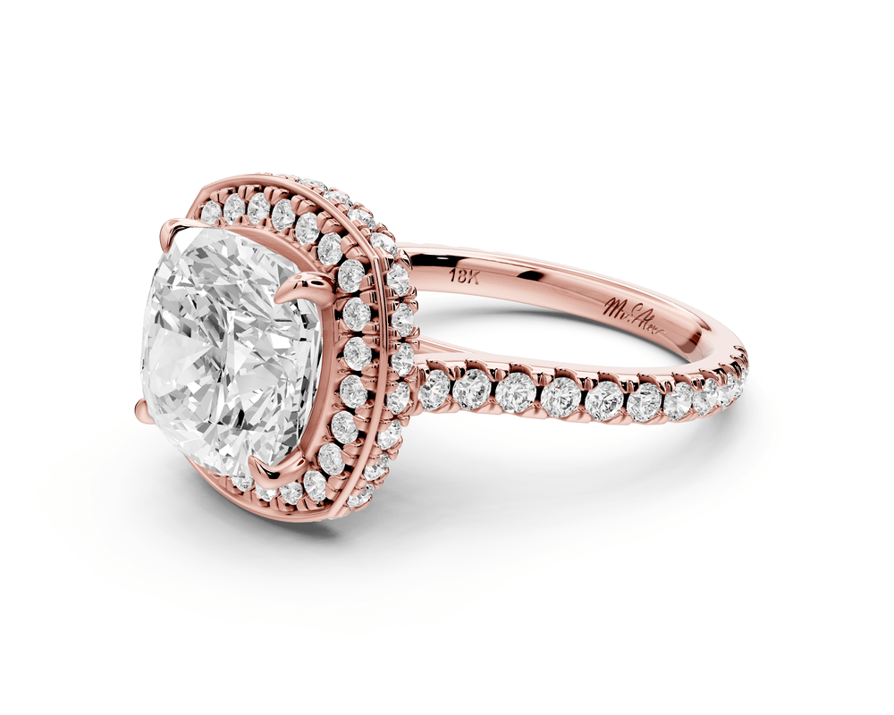 Beatrice - 4ct 18k rose gold cushion stone in rollover halo with diamond bridge and pavé engagement ring - Mr. Alex Jewelry