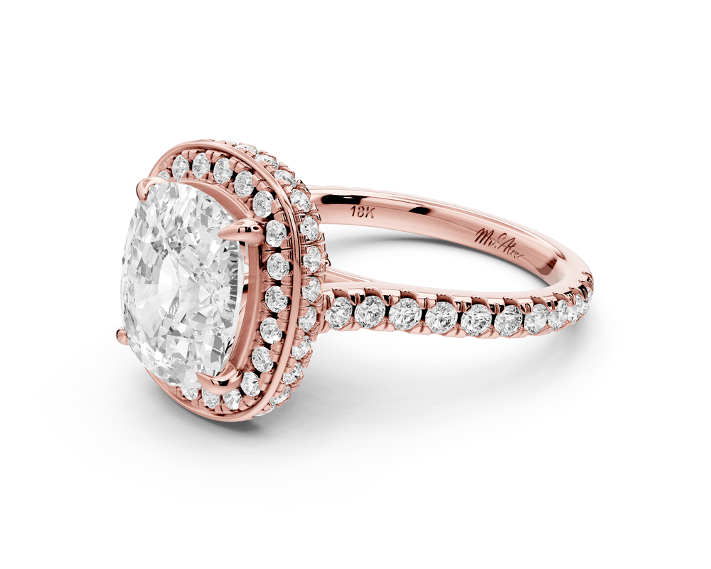 Beatrice - 4ct 18k rose gold ecushion stone in rollover halo with diamond bridge and pavé engagement ring - Mr. Alex Jewelry