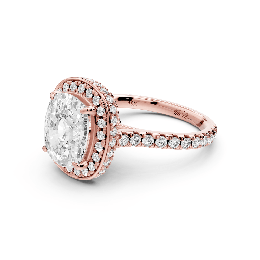 Beatrice - 4ct 18k rose gold ecushion stone in rollover halo with diamond bridge and pavé engagement ring - Mr. Alex Jewelry