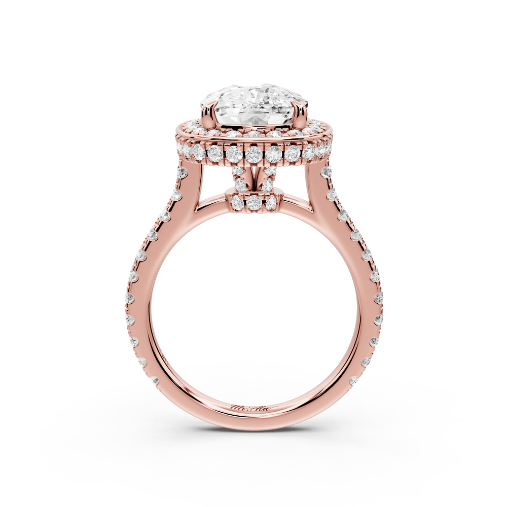 Beatrice - 4ct 18k rose gold ecushion stone in rollover halo with diamond bridge and pavé engagement ring - Mr. Alex Jewelry