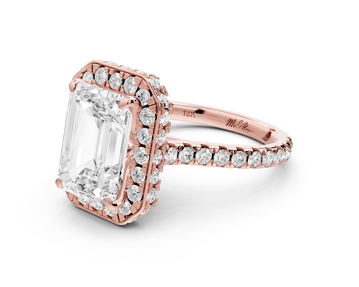 Beatrice - 4ct 18k rose gold emerald stone in rollover halo with diamond bridge and pavé engagement ring - Mr. Alex Jewelry