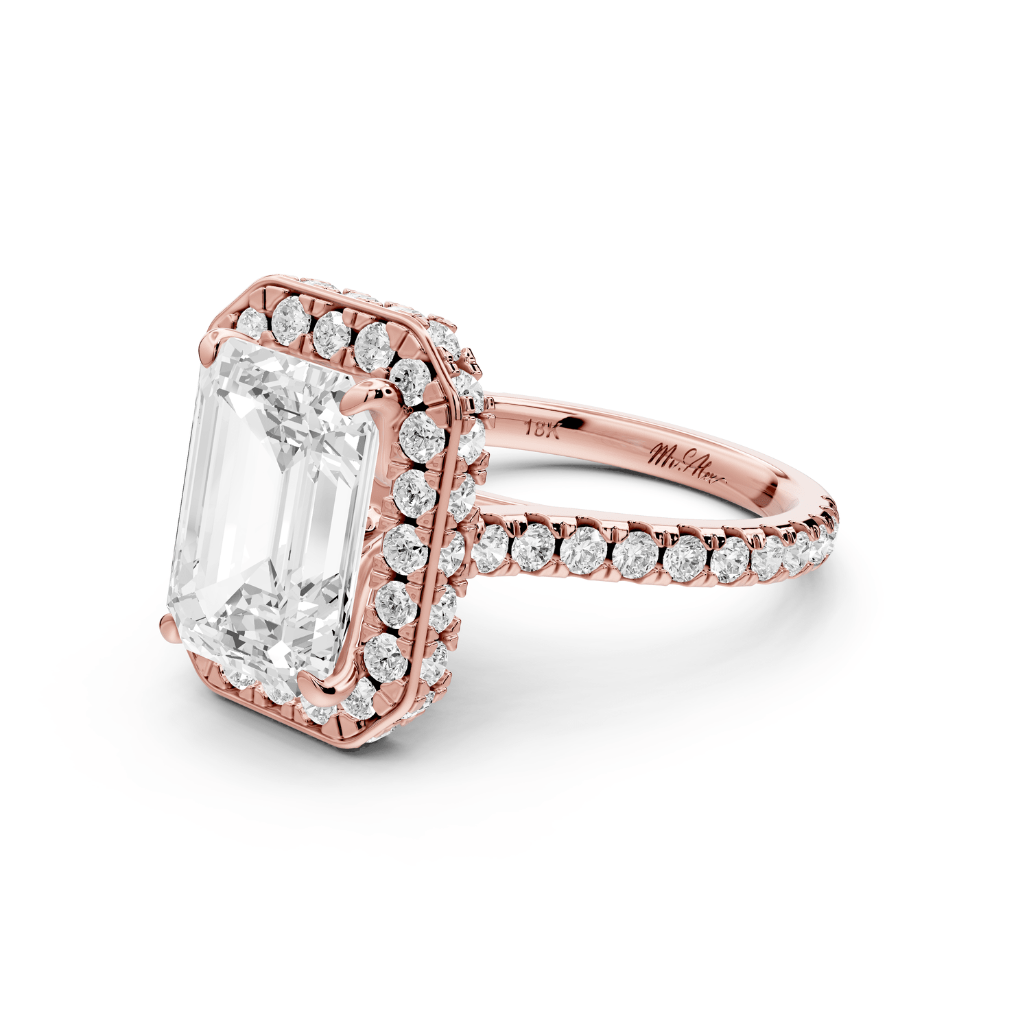 Beatrice - 4ct 18k rose gold emerald stone in rollover halo with diamond bridge and pavé engagement ring - Mr. Alex Jewelry