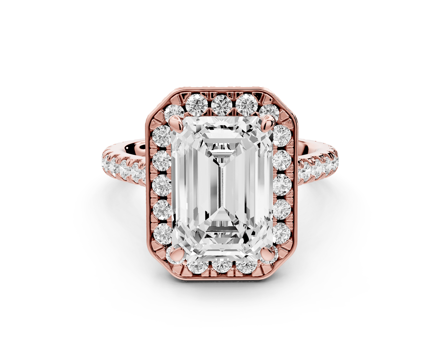 Beatrice - 4ct 18k rose gold emerald stone in rollover halo with diamond bridge and pavé engagement ring - Mr. Alex Jewelry