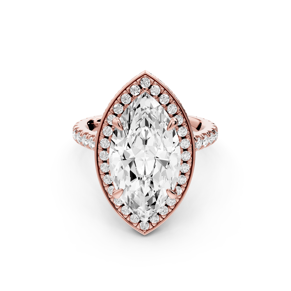 Beatrice - 4ct 18k rose gold marquise stone in rollover halo with diamond bridge and pavé engagement ring - Mr. Alex Jewelry