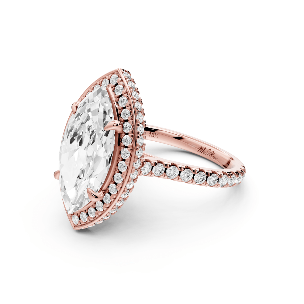 Beatrice - 4ct 18k rose gold marquise stone in rollover halo with diamond bridge and pavé engagement ring - Mr. Alex Jewelry