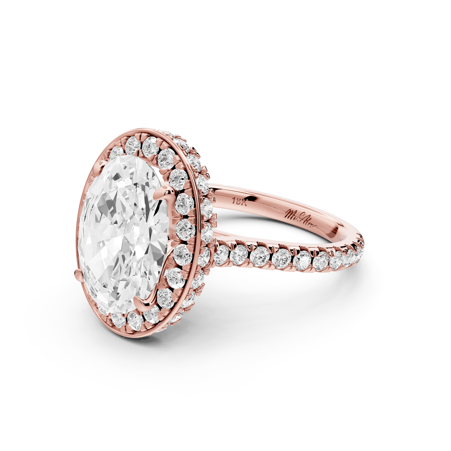 Beatrice - 4ct 18k rose gold oval stone in rollover halo with diamond bridge and pavé engagement ring - Mr. Alex Jewelry