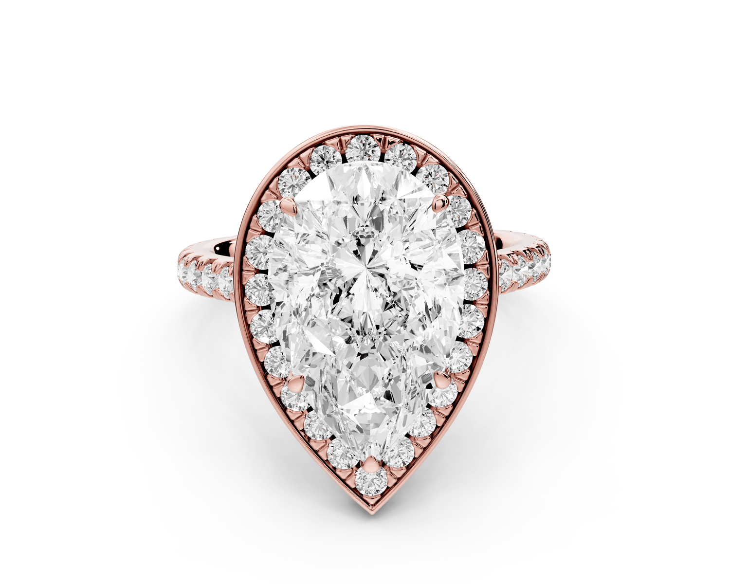 Beatrice - 4ct 18k rose gold pear stone in rollover halo with diamond bridge and pavé engagement ring - Mr. Alex Jewelry