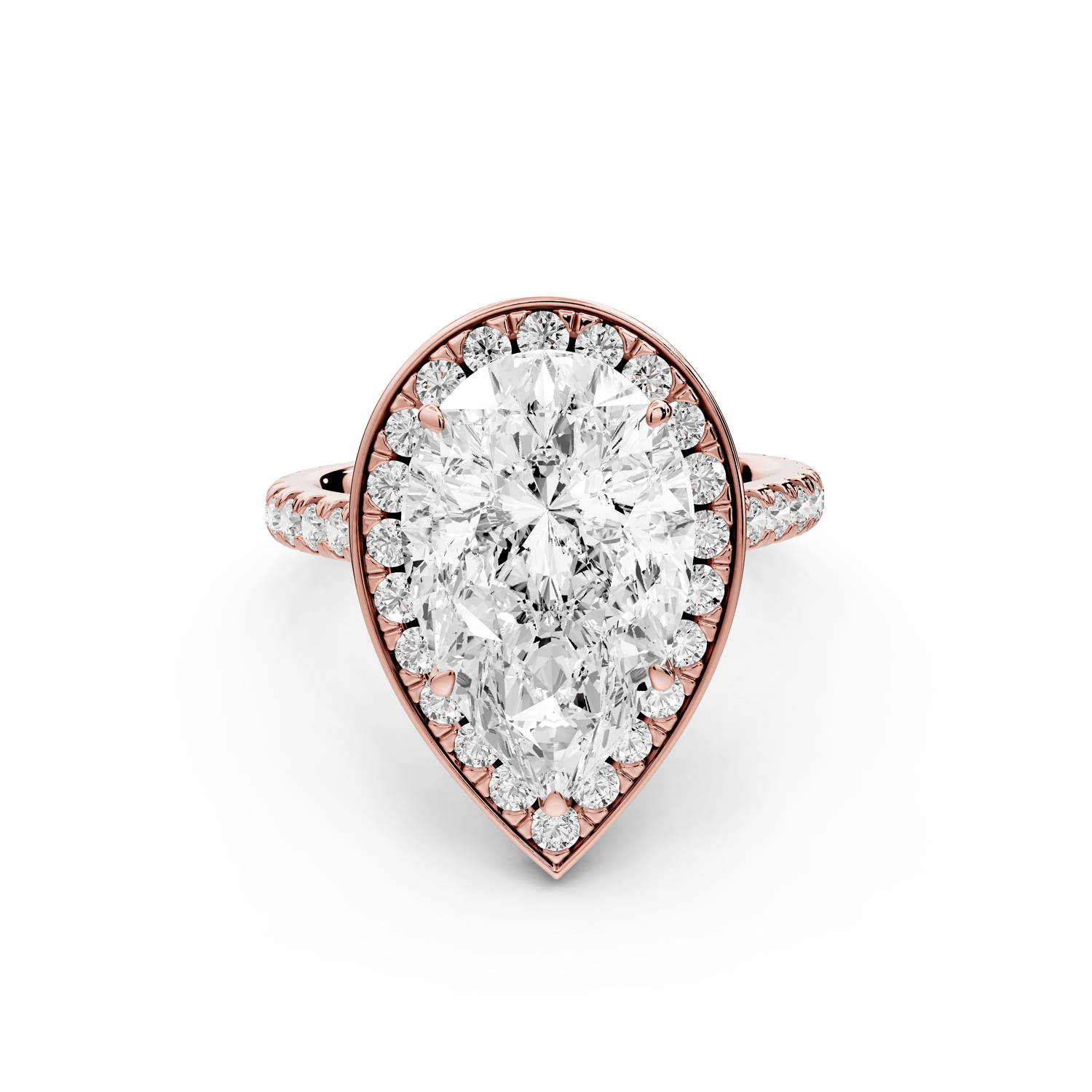 Beatrice - 4ct 18k rose gold pear stone in rollover halo with diamond bridge and pavé engagement ring - Mr. Alex Jewelry