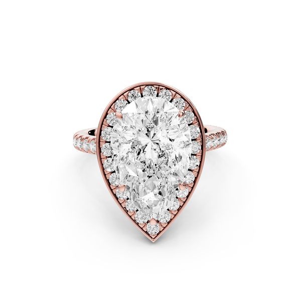 Beatrice - 4ct 18k rose gold pear stone in rollover halo with diamond bridge and pavé engagement ring - Mr. Alex Jewelry