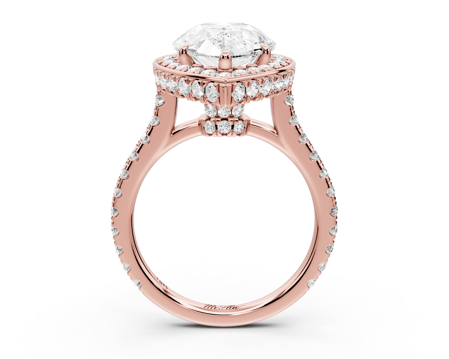 Beatrice - 4ct 18k rose gold pear stone in rollover halo with diamond bridge and pavé engagement ring - Mr. Alex Jewelry
