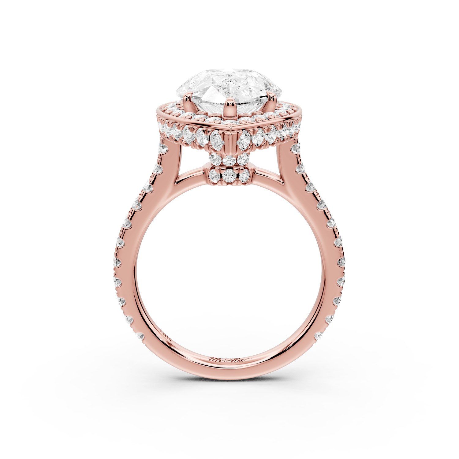 Beatrice - 4ct 18k rose gold pear stone in rollover halo with diamond bridge and pavé engagement ring - Mr. Alex Jewelry