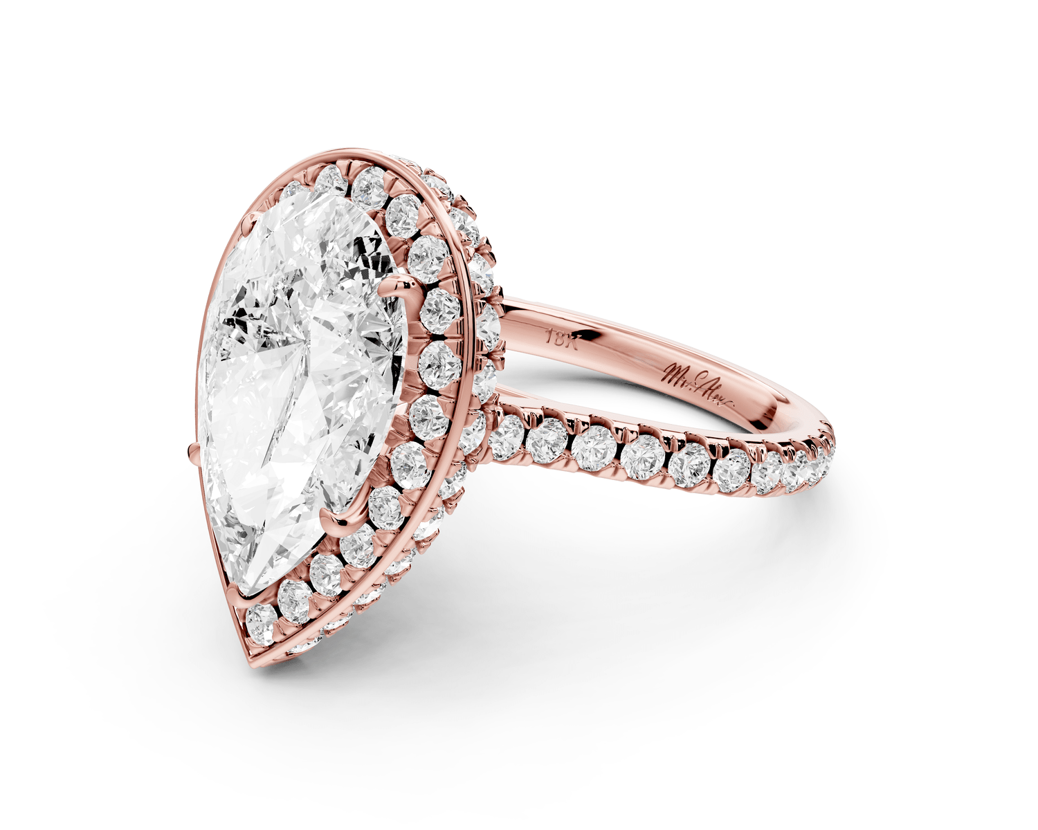 Beatrice - 4ct 18k rose gold pear stone in rollover halo with diamond bridge and pavé engagement ring - Mr. Alex Jewelry