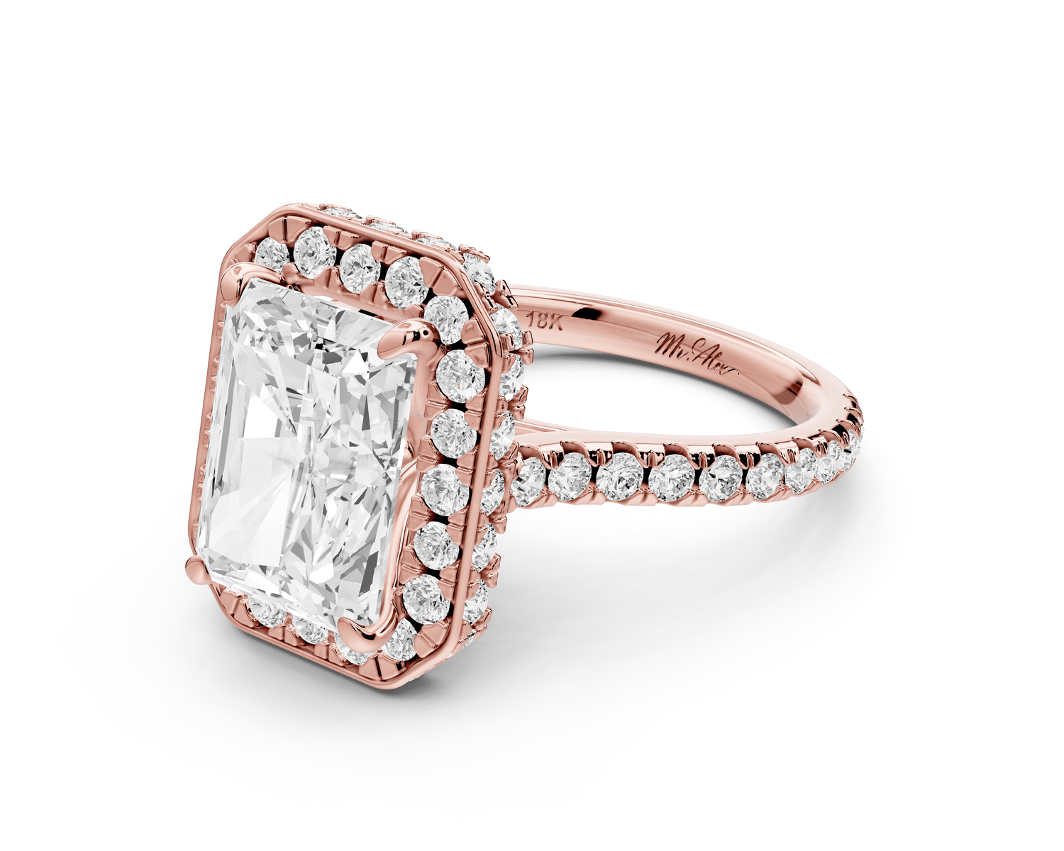 Beatrice - 4ct 18k rose gold radiant stone in rollover halo with diamond bridge and pavé engagement ring - Mr. Alex Jewelry