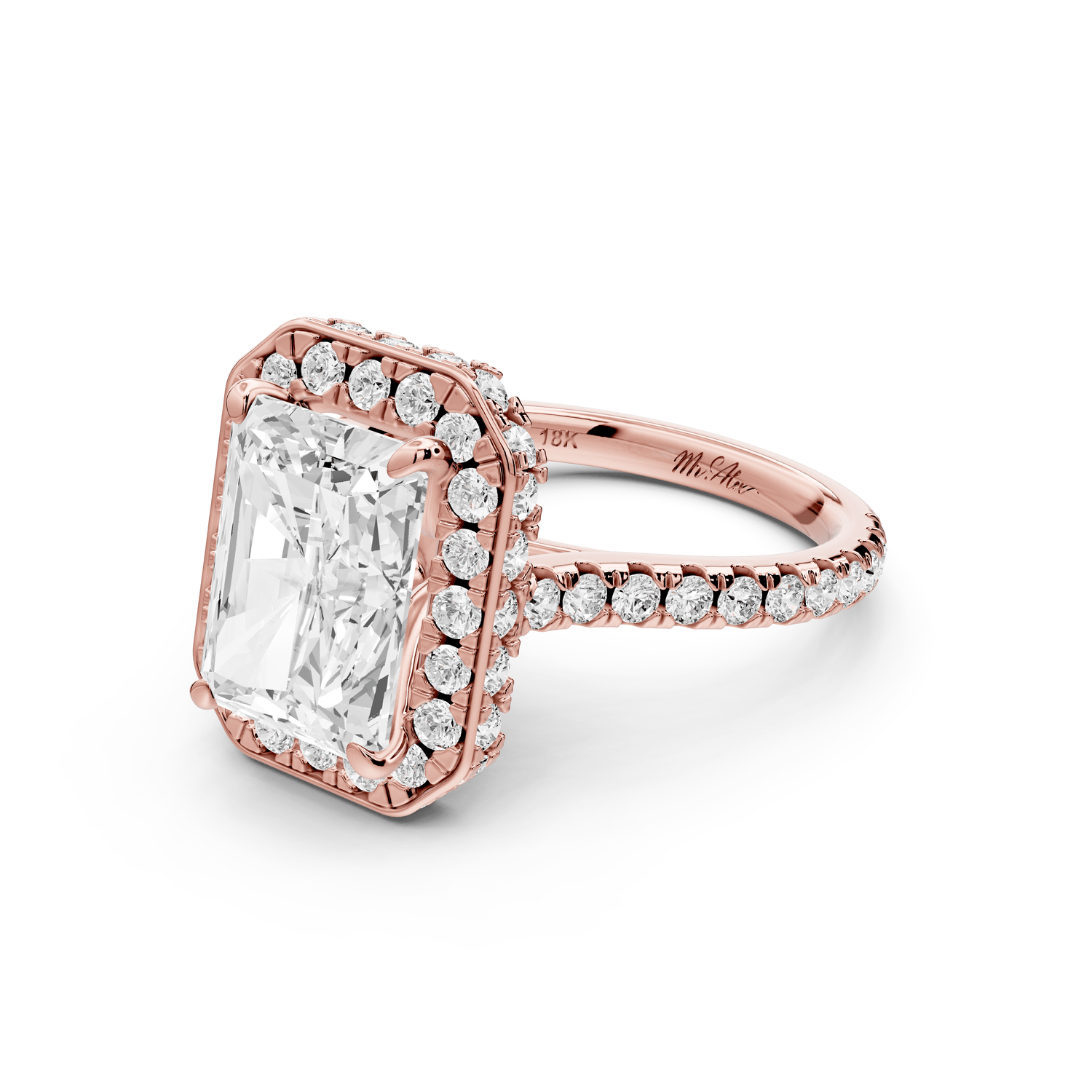 Beatrice - 4ct 18k rose gold radiant stone in rollover halo with diamond bridge and pavé engagement ring - Mr. Alex Jewelry