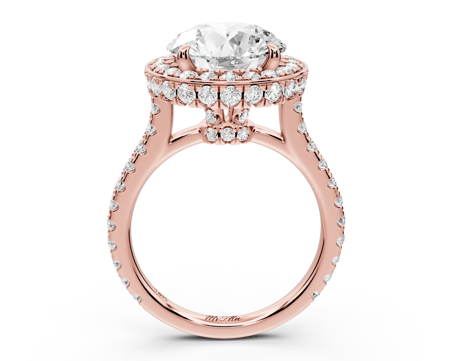 Beatrice - 4ct 18k rose gold round stone in rollover halo with diamond bridge and pavé engagement ring - Mr. Alex Jewelry
